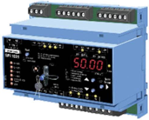 Un appareil de mesure électrique bleu avec un affichage numérique indique '50,00'. Plusieurs connexions en haut et en bas pour le câblage.