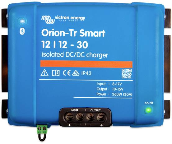 Chargeur DC/DC Blauer 'Orion-Tr Smart 12|12-30' avec Bluetooth, IP43, plage d'entrée 8-17V, plage de sortie 10-15V, puissance 360W.