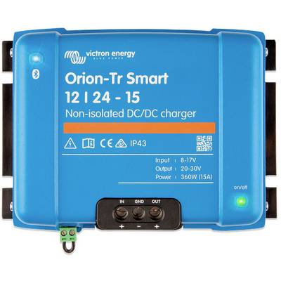 Un chargeur DC/DC bleu de Victron Energy, modèle 'Orion-Tr Smart 12|24-15'. Affiche la tension d'entrée et de sortie, la puissance et le degré de protection IP43.