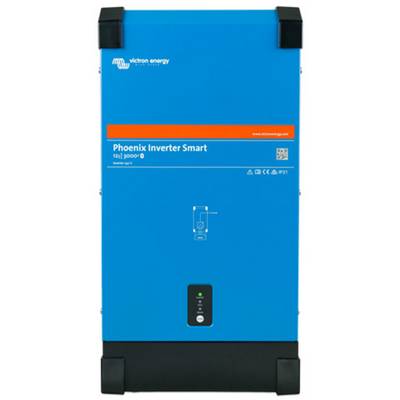 Onduleur Victron Energy 'Phoenix Smart' bleu, modèle 12/3000/120. Interrupteur principal et indicateur de statut situés en bas.