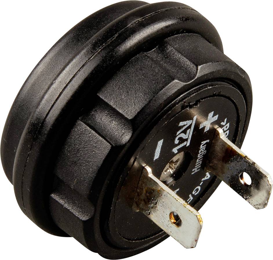 Gros plan d'un interrupteur électrique noir et rond avec deux bornes métalliques, probablement destiné à un appareil électronique.