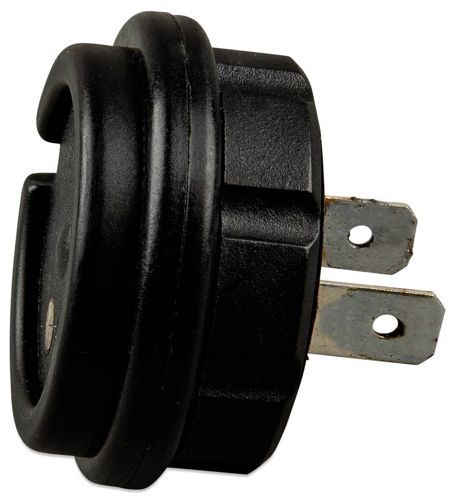 Un adaptateur de mise à la terre noir avec deux broches métalliques est présenté, utilisé pour connecter des appareils aux prises électriques en toute sécurité.