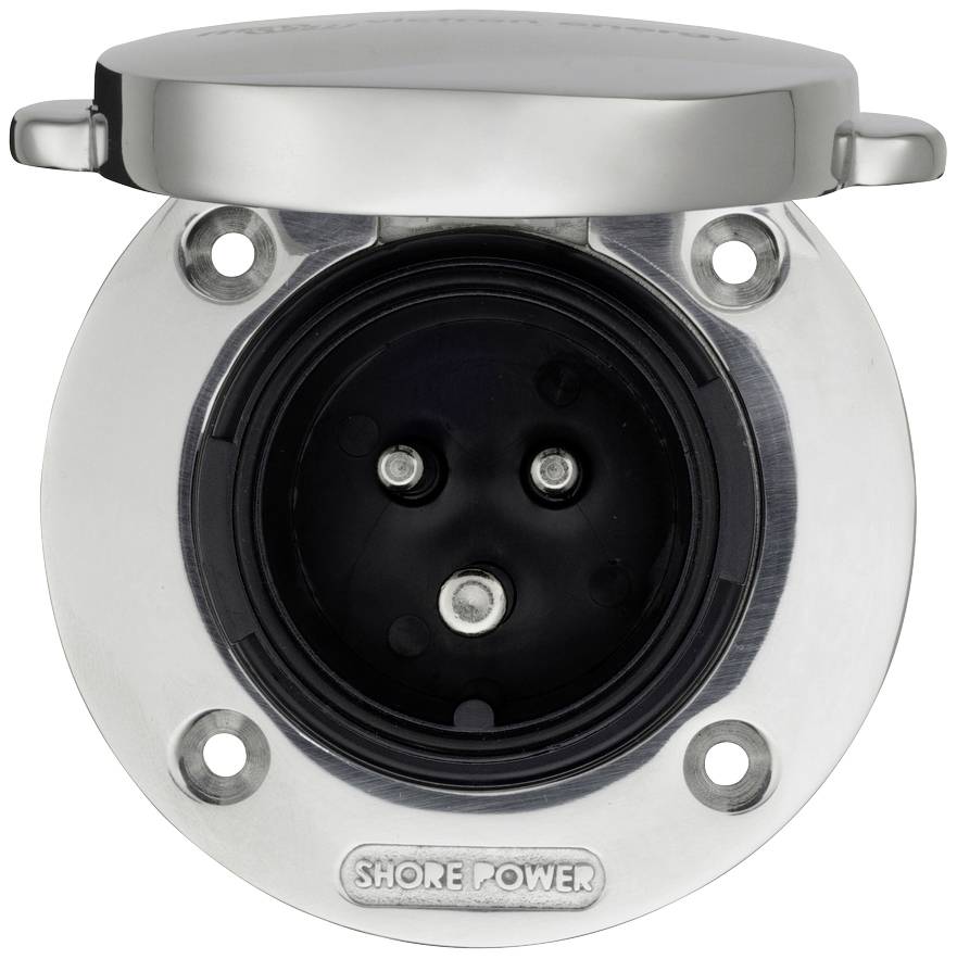 Une prise ronde argentée pour 'Shore Power' avec trois contacts noirs.