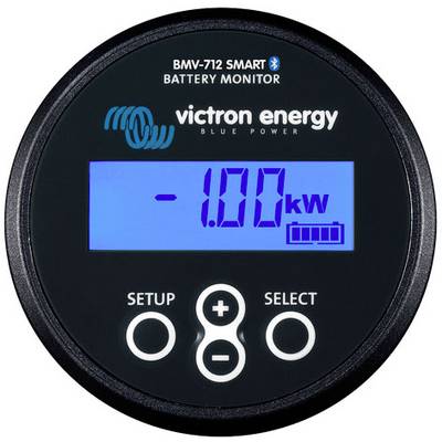 Moniteur de batterie rond avec un affichage bleu indiquant '-1,00 kW' et un niveau de charge de batterie. En dessous, deux touches 'Setup' et 'Select'.