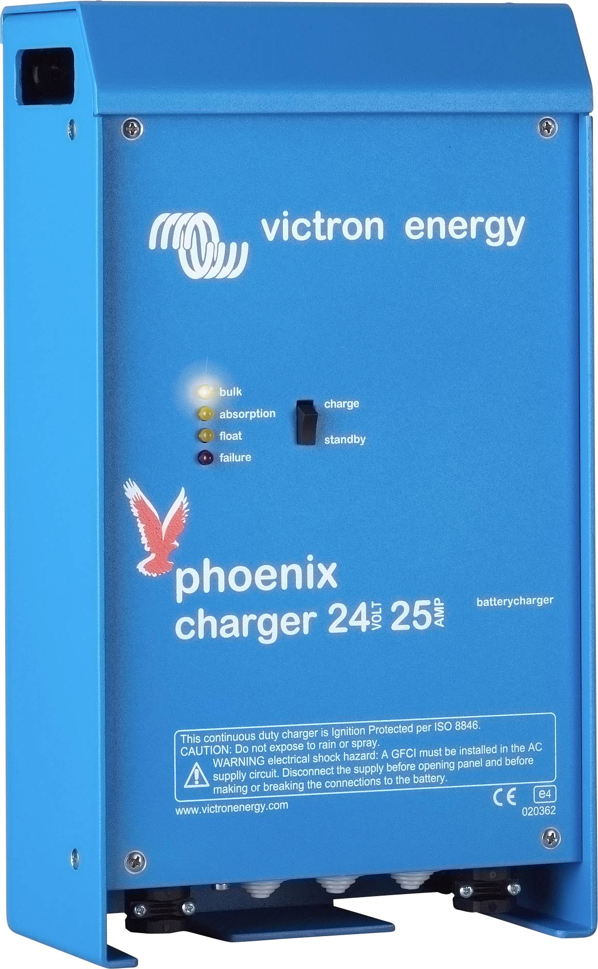 Chargeur bleu de Victron Energy avec des voyants LED pour Bulk, Absorption, Float, Défaillance. Texte : 'chargeur phoenix 24V 25A'.