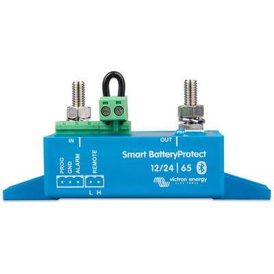 Appareil Victron Energy Smart BatteryProtect bleu, modèle 12/24V 65A, avec bornes de connexion et fonctionnalité Bluetooth.