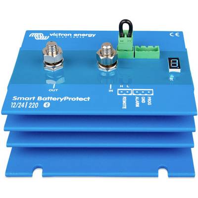 Un dispositif Victron Energy Smart BatteryProtect bleu avec des bornes de connexion et un affichage numérique. Adapté aux systèmes 12/24V.
