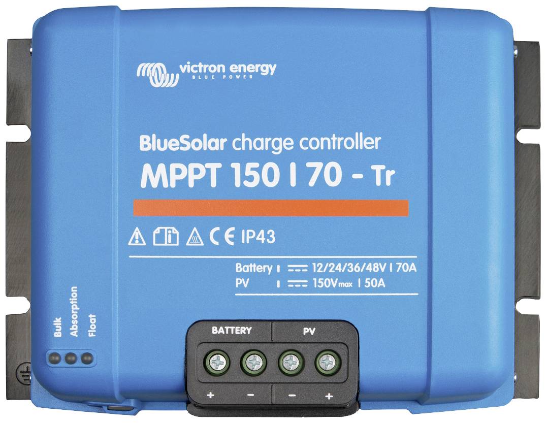 Contrôleur de charge solaire Victron Energy BlueSolar MPPT 150/70 bleu avec connexions pour panneaux photovoltaïques et batterie. Affiche des symboles de protection et d'états de charge.
