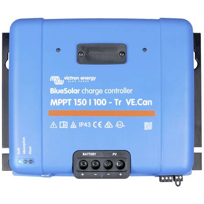 Contrôleur de charge solaire bleu portant l'inscription 'Contrôleur de charge BlueSolar MPPT 150 I 100 - Tr VE.Can'. Présente des connexions et un indicateur de statut.