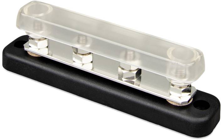 Un support de fusible transparent avec trois connexions à vis et une base noire, adapté pour les installations électriques.