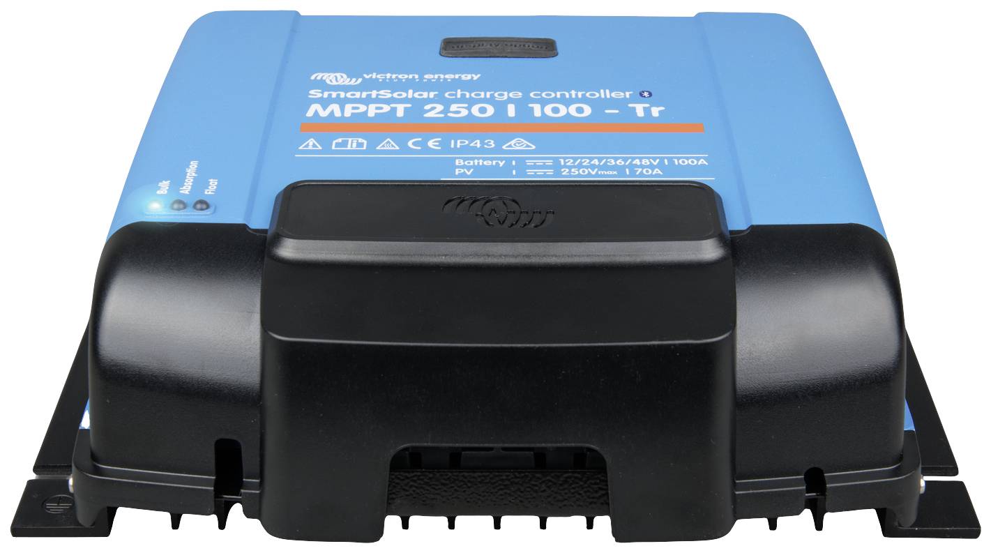 Régulateur de charge solaire, modèle 'SmartSolar MPPT 250/100', boîtier bleu, vue de face montrant les connexions et les spécifications sur le dessus.