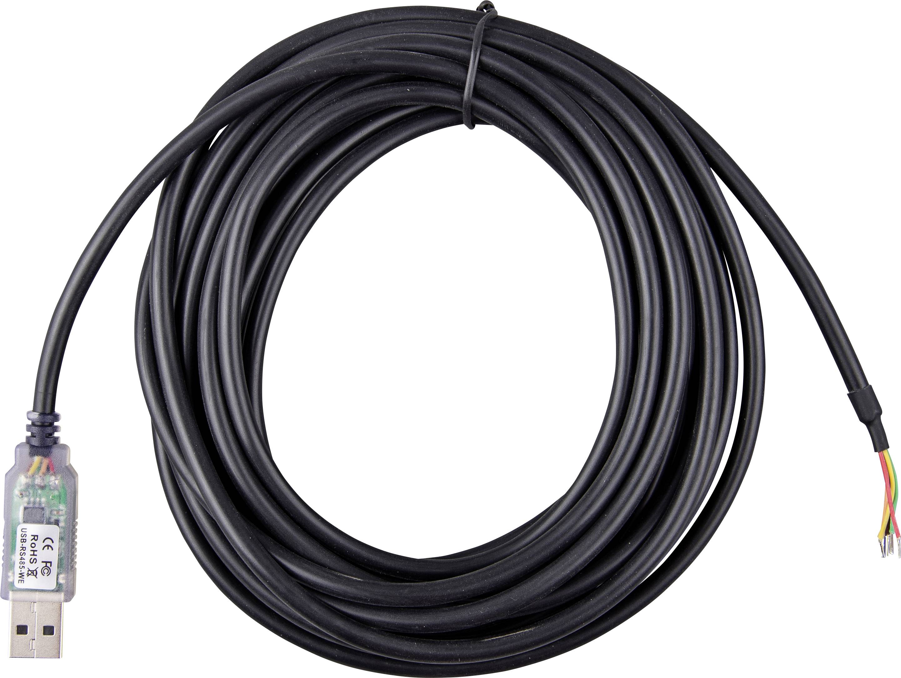Un câble noir enroulé avec un connecteur USB à une extrémité et des fils dénudés à l'autre, utilisé pour les connexions électroniques ou informatiques.