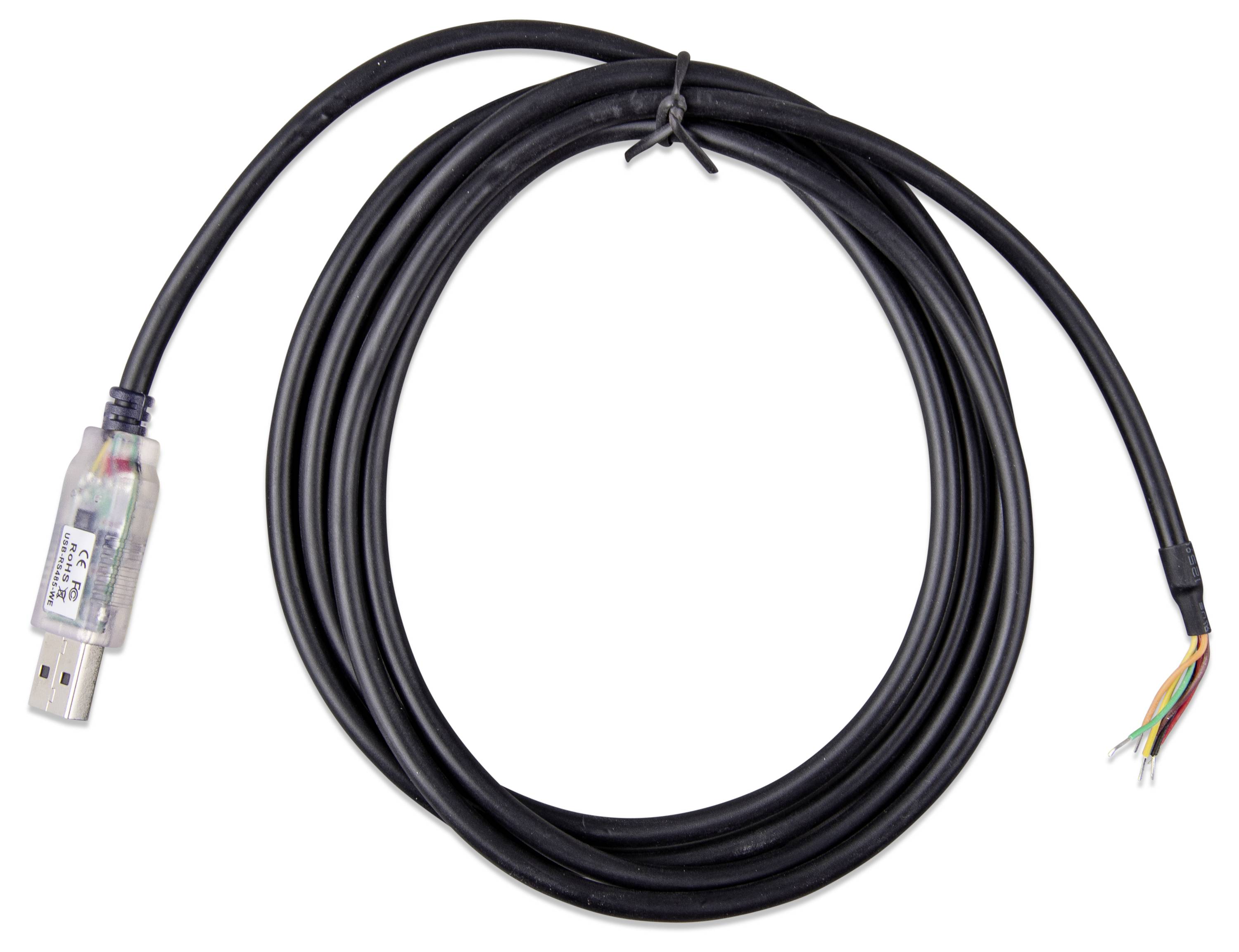 Un long câble noir avec un connecteur USB d'un côté et des fils multicolores dénudés de l'autre, utilisé pour connecter ou adapter des appareils.