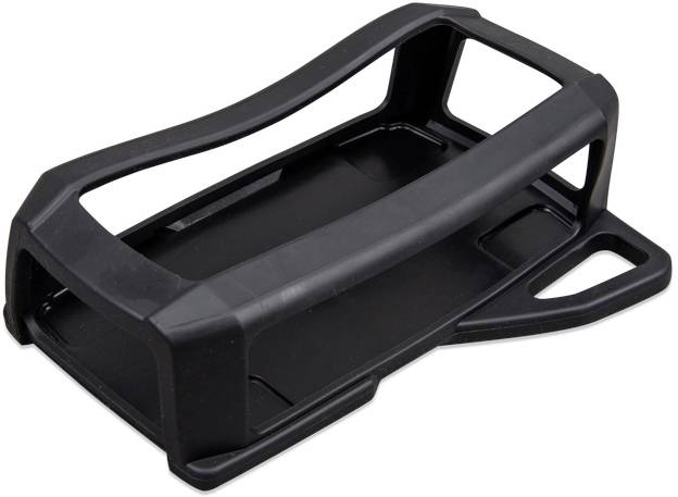 Un couvercle de protection noir, rectangulaire, en plastique avec des côtés ouverts, probablement destiné à un appareil électronique.