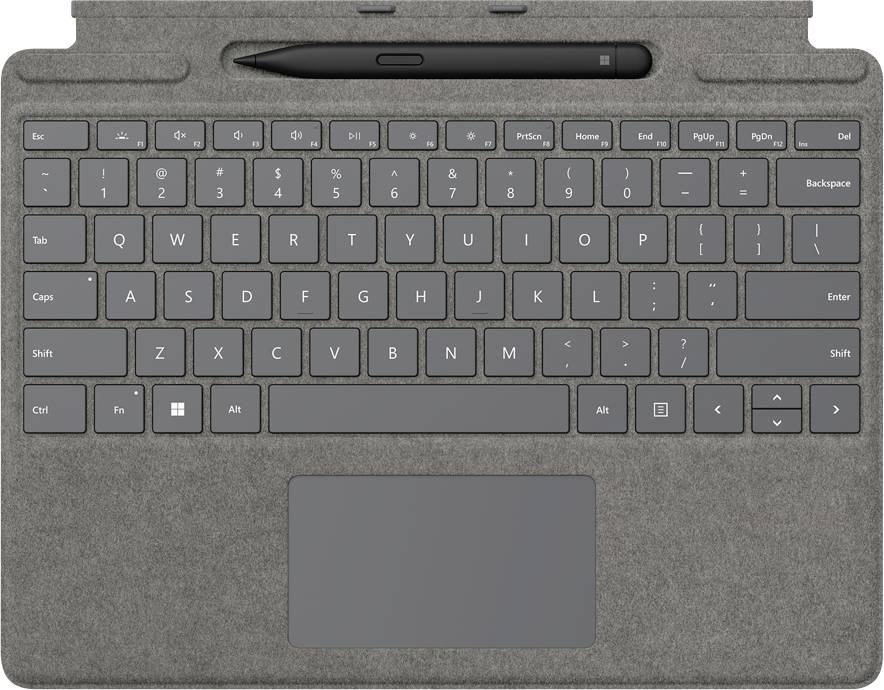 Un clavier gris, amovible, avec un pavé tactile, sur lequel repose un stylet dans son support. Idéal pour tablettes ou ordinateurs portables.