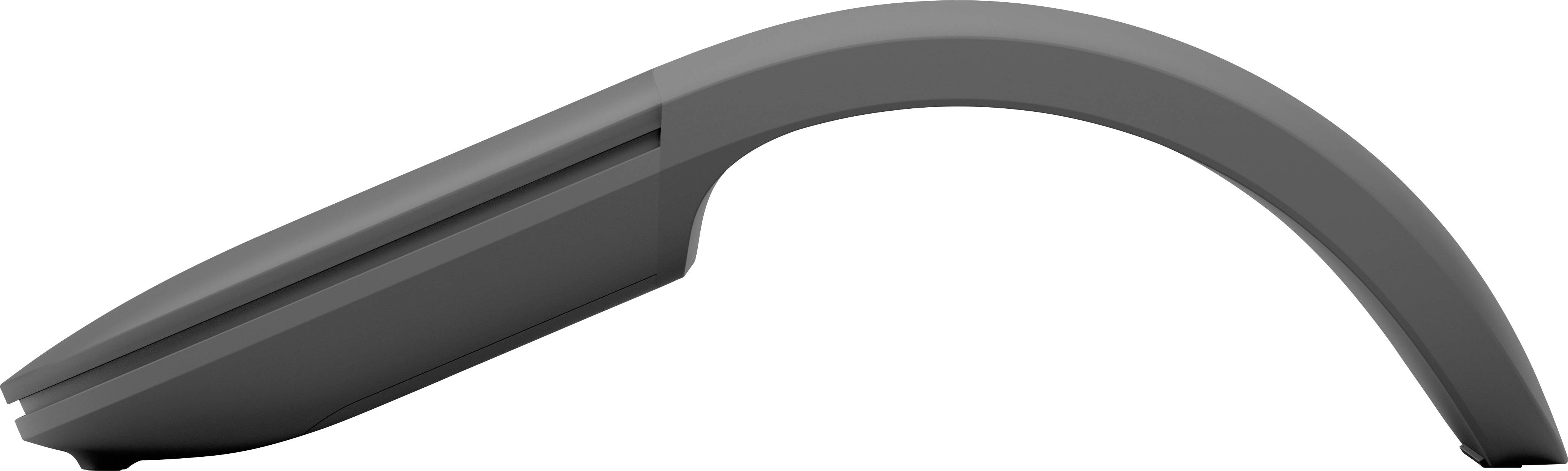 Souris d'ordinateur sans fil grise et incurvée, vue de côté, reconnue pour son design ergonomique qui s'adapte à la forme de la main.