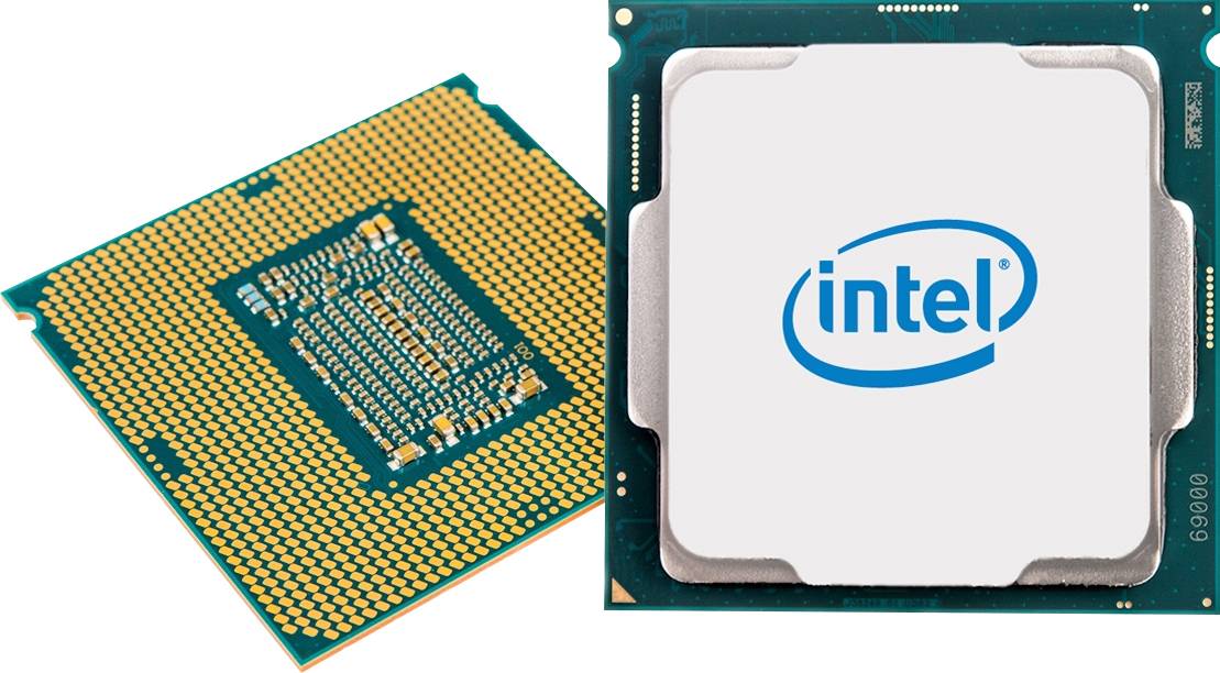 Deux processeurs d'ordinateur : l'un montrant la face inférieure avec les contacts, l'autre la face supérieure avec le logo 'Intel'.