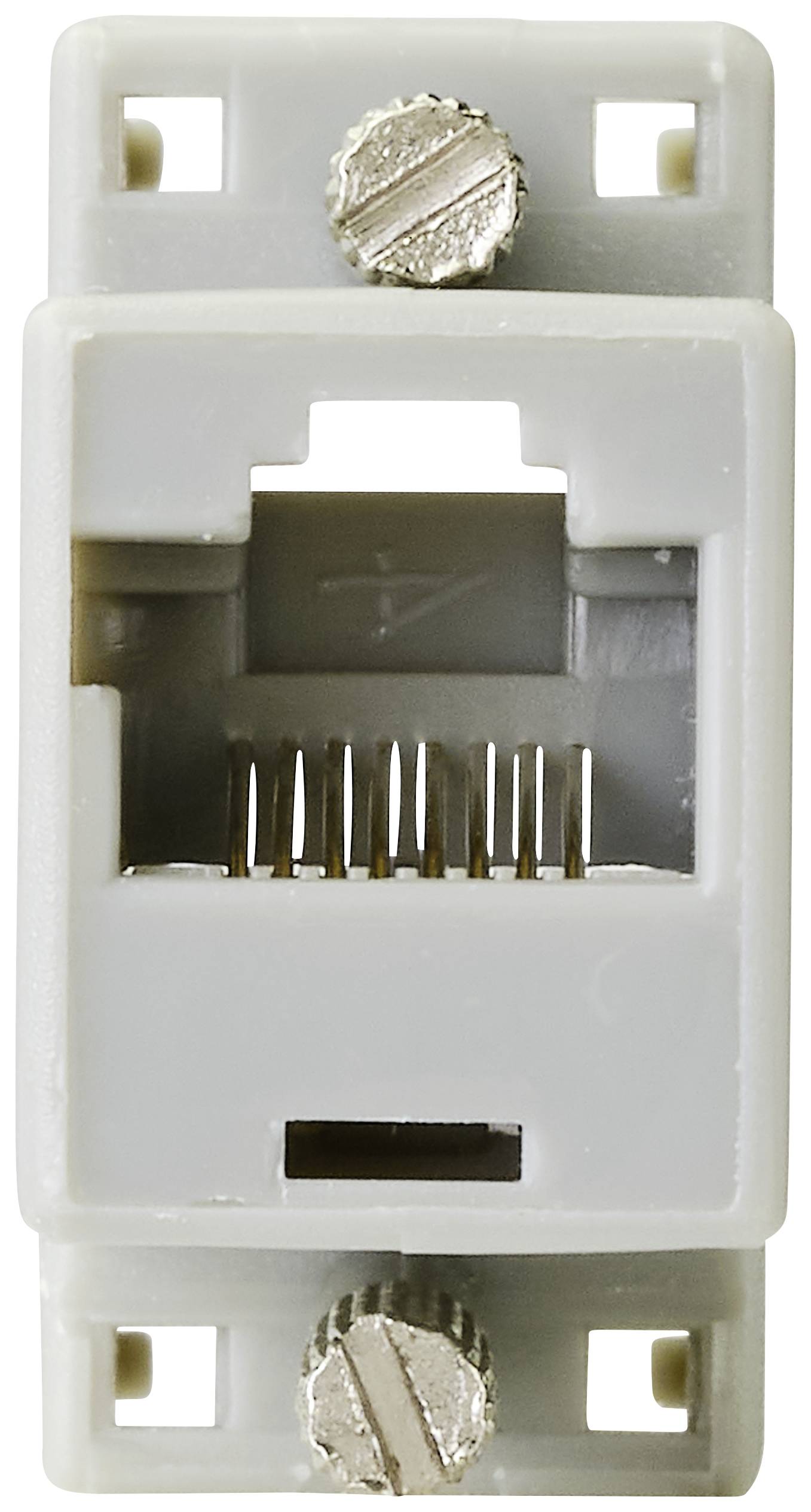 Keystone gris avec prise RJ45 et deux vis de fixation visibles, conçu pour recevoir des connexions de câbles réseau.