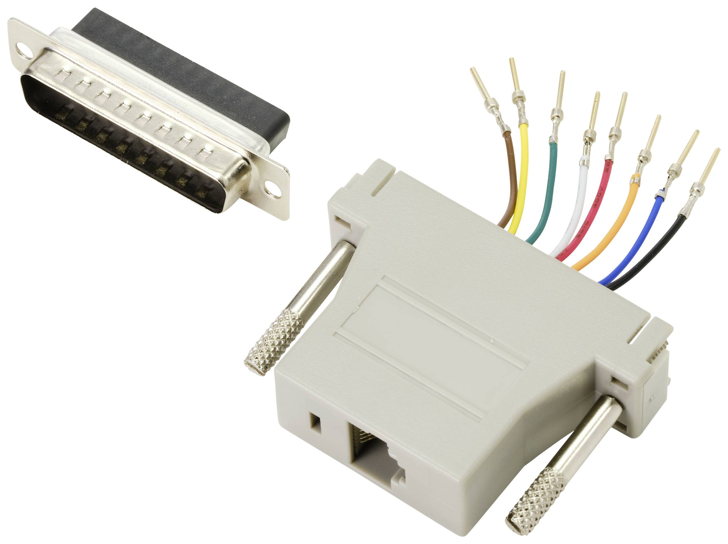 'Connecteur DB25 et adaptateur RJ45 avec des câbles de couleur permettant différentes connexions électriques.'