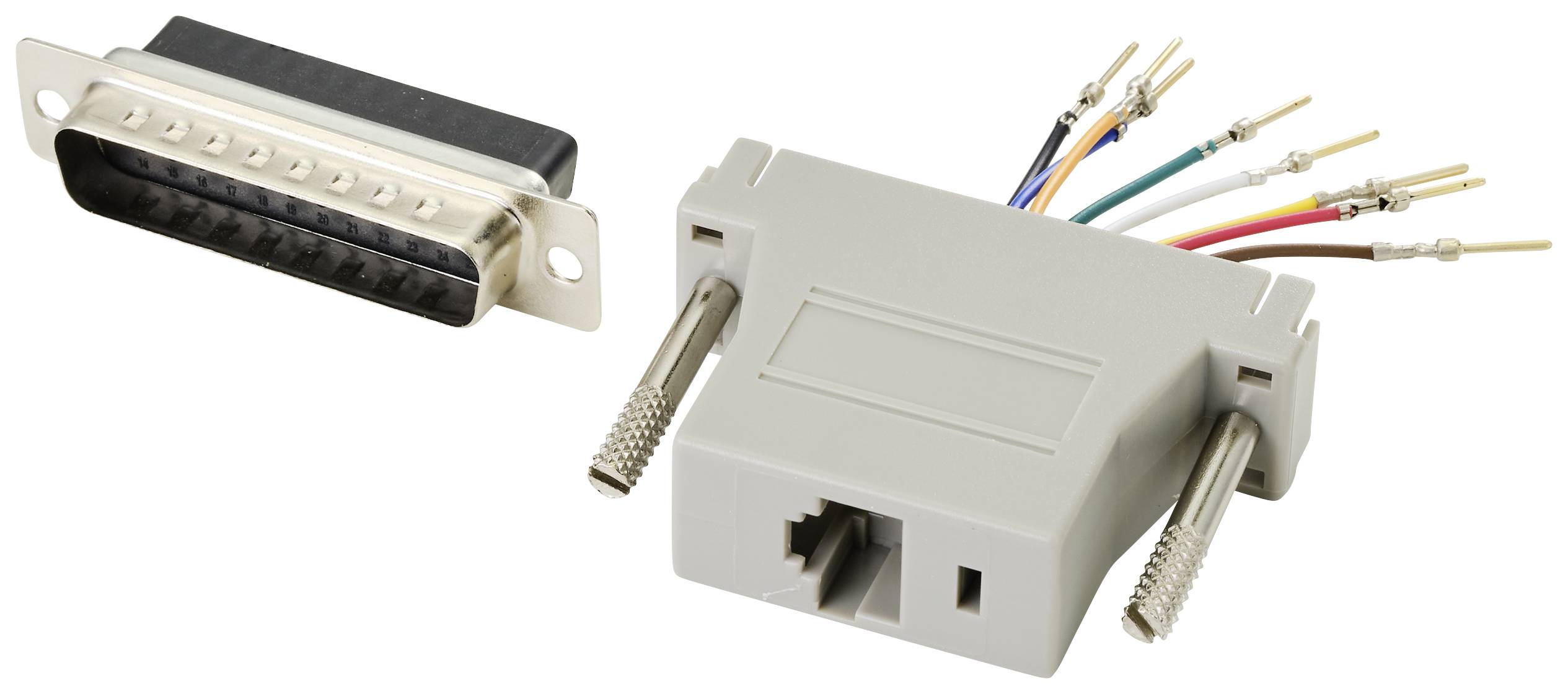 Adaptateur série avec prise RJ45 et plusieurs extrémités de câble ouvertes, adapté aux connexions réseau ou de communication.