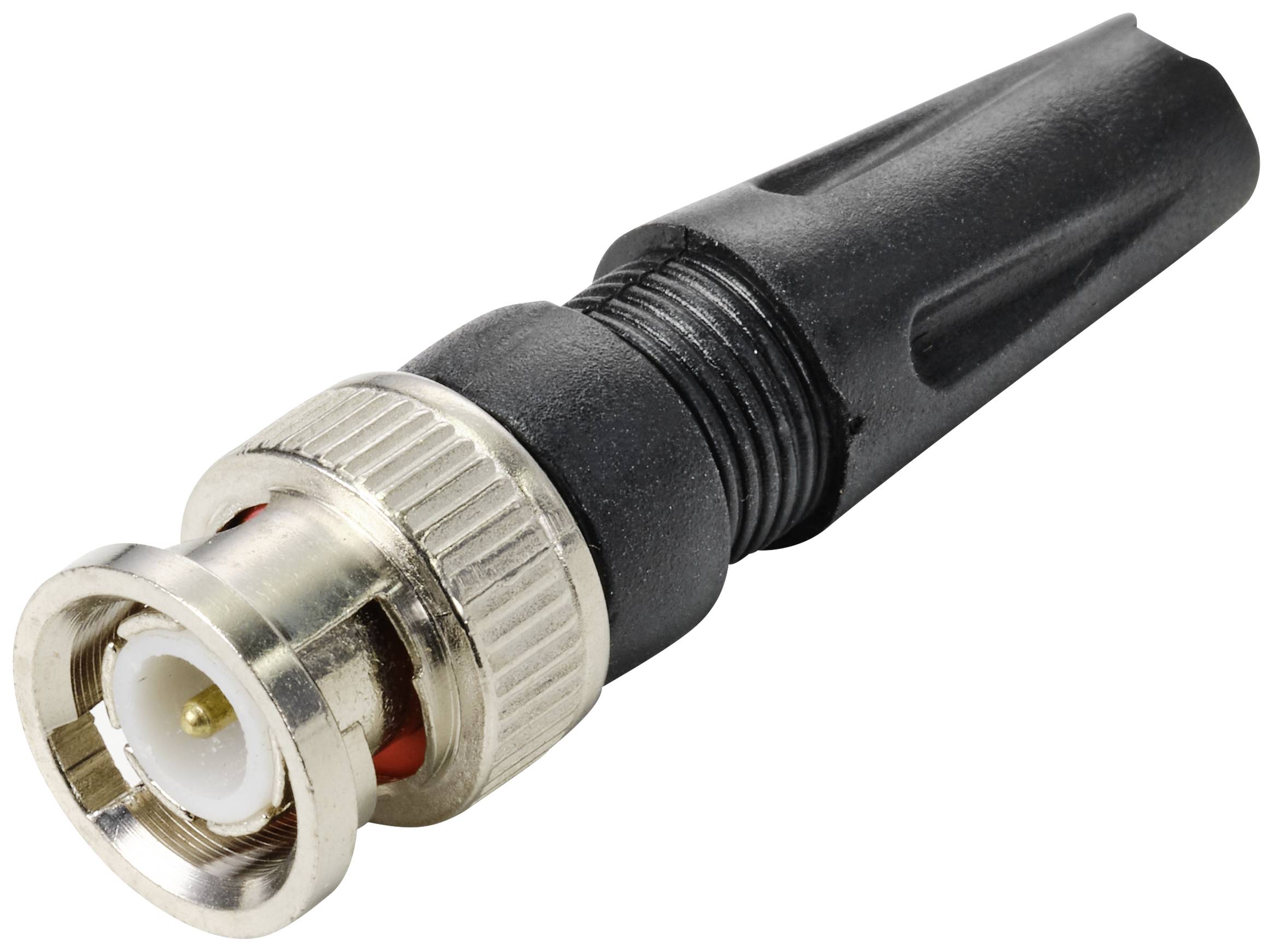 Connecteur BNC avec boîtier en plastique noir et connexion métallique, fréquemment utilisé pour les câbles coaxiaux et les applications vidéo.