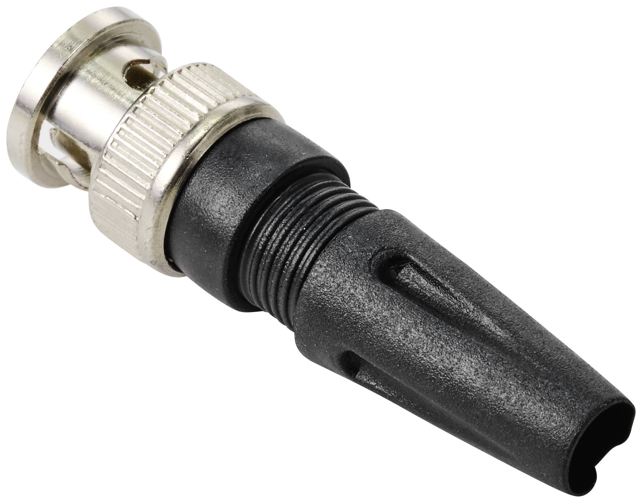 Connecteur BNC noir et argenté sur fond blanc. Typiquement utilisé pour les connexions de câbles coaxiaux en électronique.