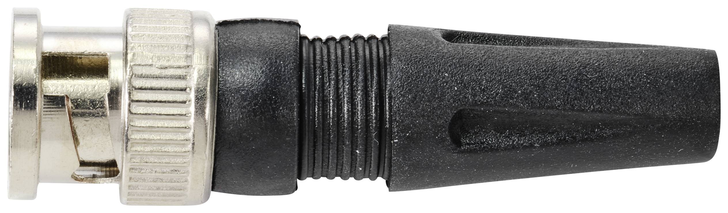 Un connecteur BNC noir avec un verrou métallique sur fond blanc, fréquemment utilisé pour les connexions de câbles vidéo et réseau.