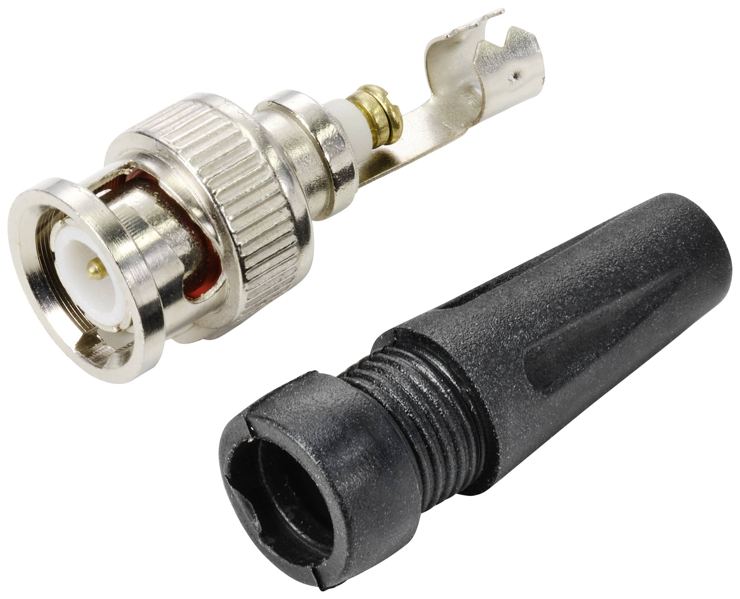 Un connecteur de câble BNC en deux parties : à gauche le corps métallique avec connexion à vis, à droite la poignée noire en plastique.