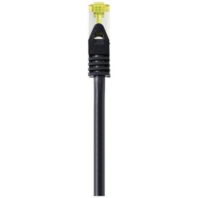 Un câble Ethernet noir avec connecteur RJ45, souvent utilisé pour la connexion Internet dans les réseaux informatiques.