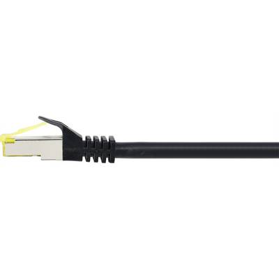 Un câble Ethernet noir avec un clip jaune sur la fiche.
