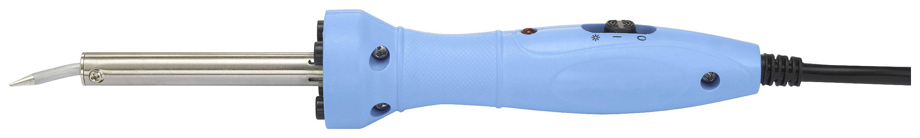 Un fer à souder bleu avec un câble noir et un embout de soudure en métal est posé sur le côté. Adapté aux travaux de bricolage ou aux projets électroniques.