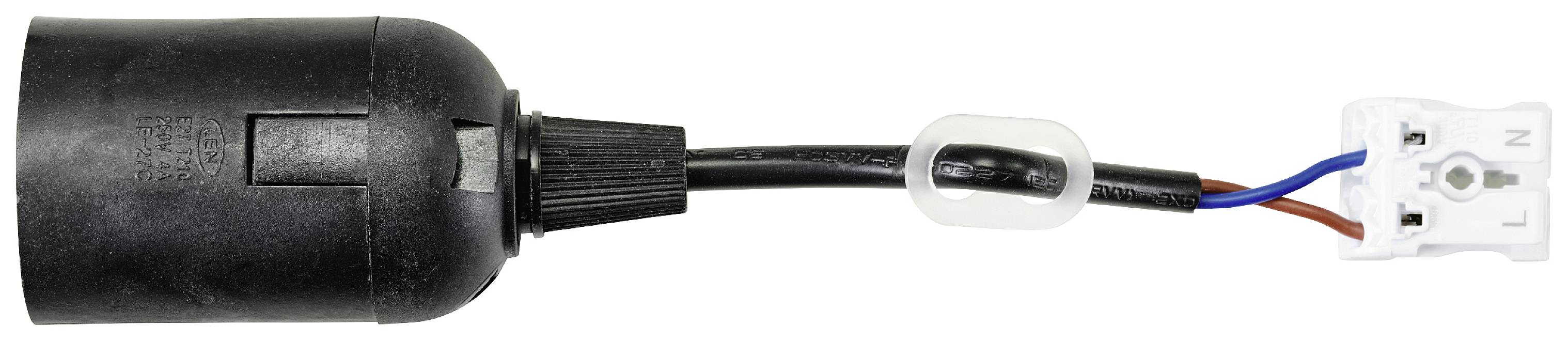 Connecteur électrique noir à trois fils : bleu, noir et marron, reliés à un bloc de connexion blanc.