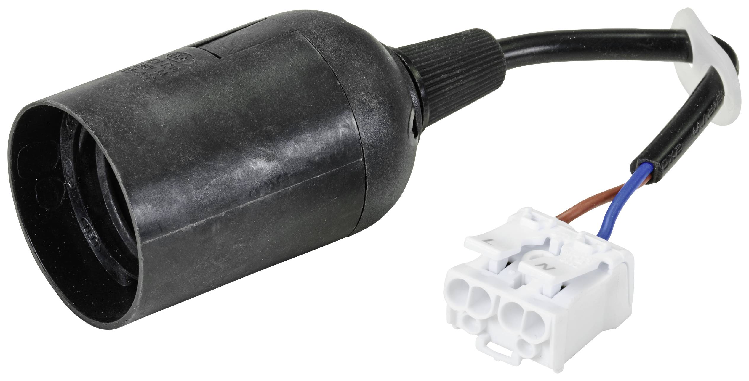 Connecteur en plastique noir avec câble et fiche en plastique blanc. Utilisé dans les installations électriques et les accessoires automobiles.