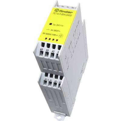 Un relais jaune portant l'inscription 'finder 75.16.9.024.0420' pour 24V DC, 4A 250V AC. Appareil avec plusieurs connexions enfichables.