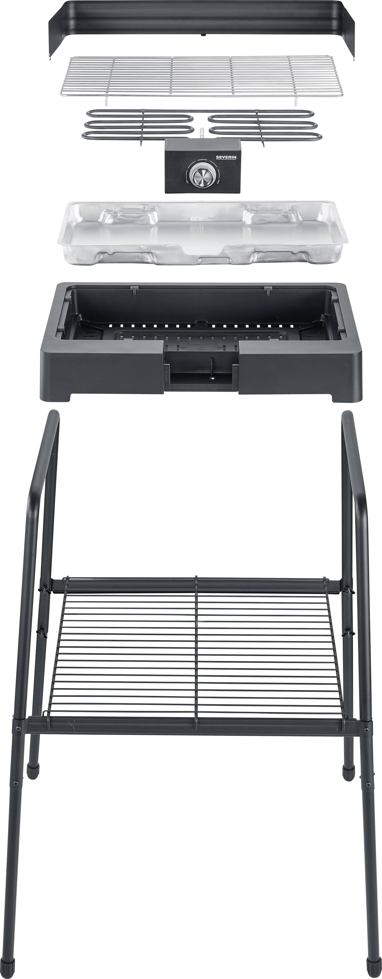 Écorché d'un barbecue comprenant son châssis, sa grille de cuisson, sa résistance chauffante, son régulateur de température et son bac de récupération des graisses, en noir et argent.
