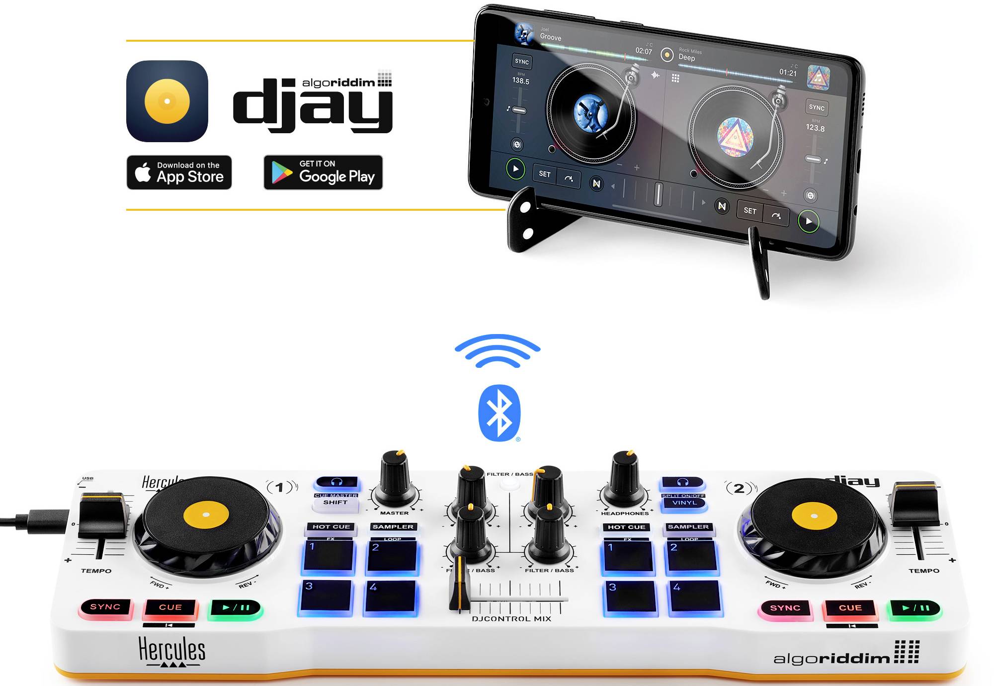 Contrôleur DJ avec connexion Bluetooth à une tablette et logiciel de mixage. Logos de marque de l'App Store et de Google Play en haut à gauche.