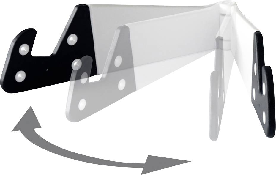 Image d'une charnière réglable avec support noir et flèches montrant la flexibilité et l'amplitude de rotation de la charnière.