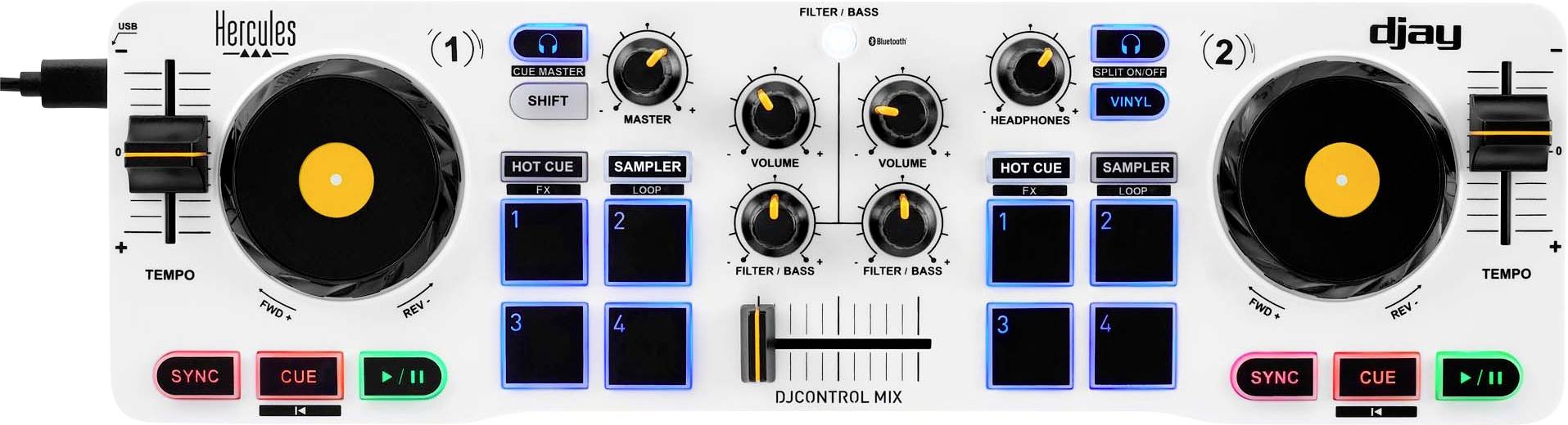 Une console de mixage DJ blanche équipée de deux platines noires, de plusieurs boutons et potentiomètres pour le volume et les filtres. Les voyants LED sont allumés.
