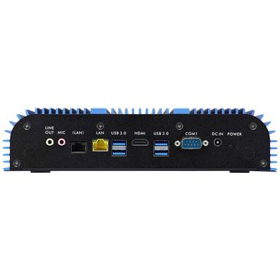 Appareil avec ports : Line-Out, Microphone, LAN, 4x USB 3.0, HDMI, COM1, DC-IN, Alimentation. Principalement destiné aux connexions.