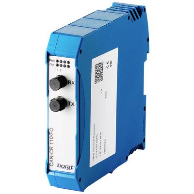 Un appareil Ixxat CAN-CR110/FO bleu servant à la conversion de signaux CAN, équipé de connexions RX et TX, avec une étiquette indiquant des détails techniques.