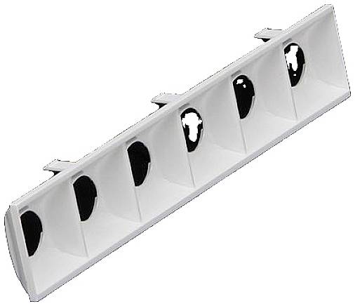 Boîte de rangement blanche rectangulaire en plastique, composée de six compartiments de tailles égales, pouvant être utilisés pour stocker de petits objets.