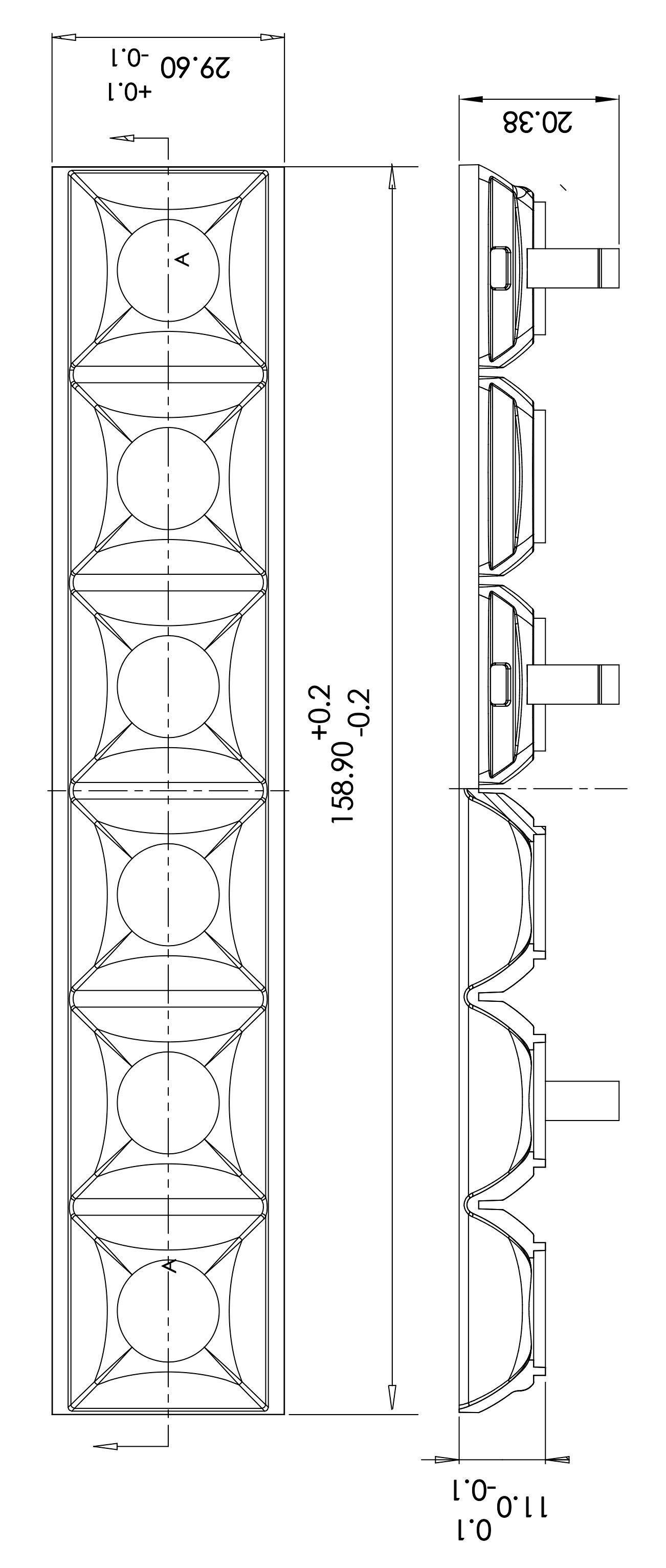 Dessin technique d'un agencement linéaire de six haut-parleurs, incluant les dimensions et les détails de fixation et de connexion.
