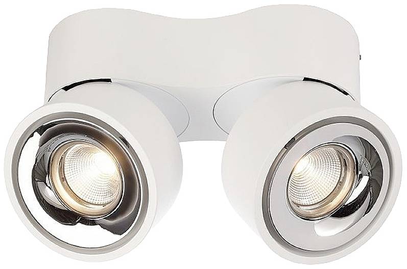 Plafonnier blanc double avec des lampes rondes orientables pour un éclairage ciblé.