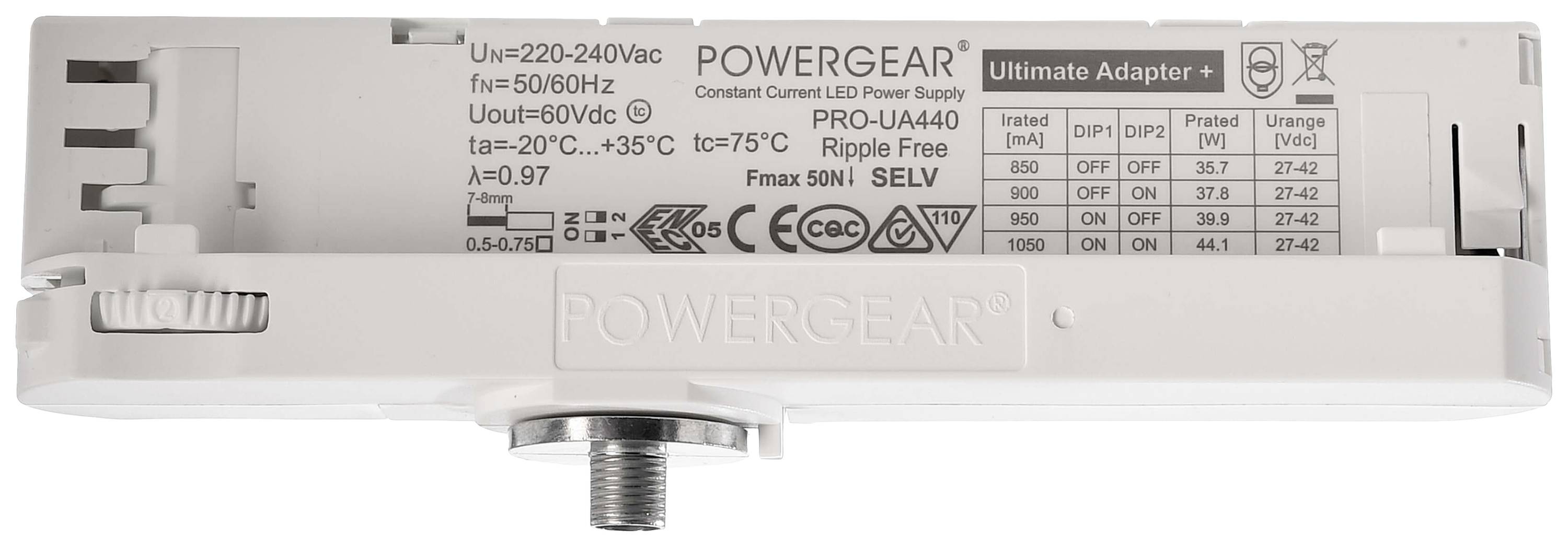 Adaptateur électronique avec détails techniques et symboles pour la puissance, la tension et la fréquence ; adapté aux luminaires LED.