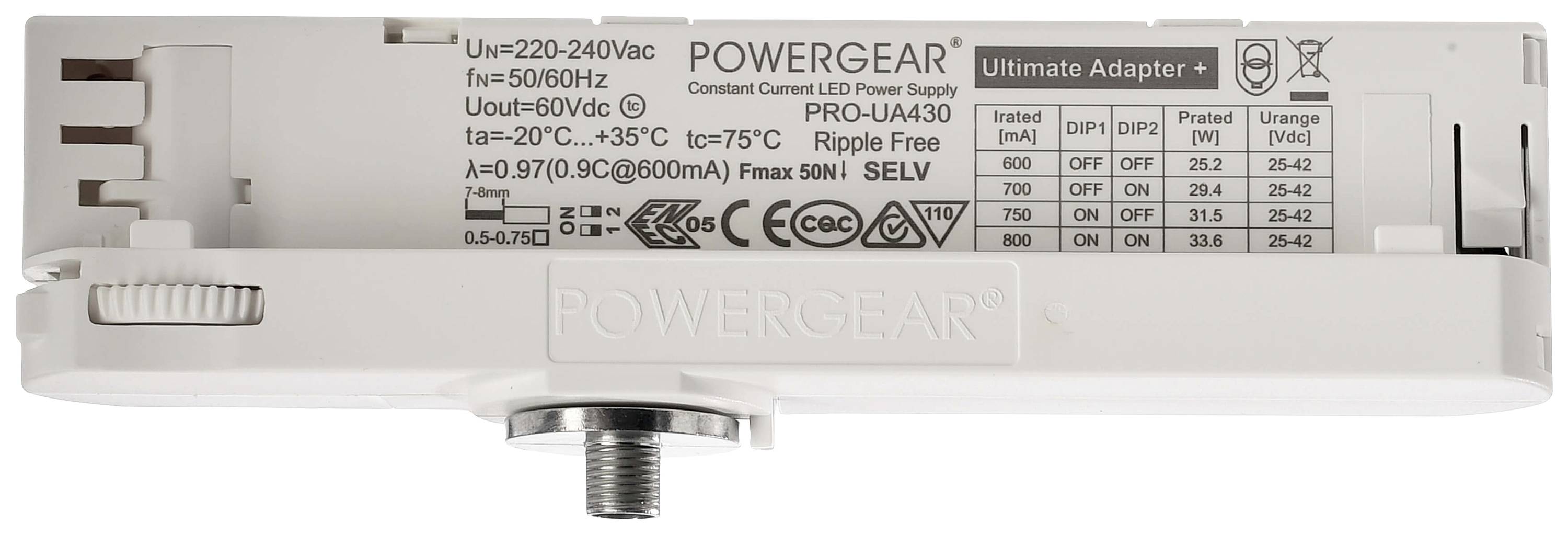 Adaptateur de puissance blanc avec spécification technique : Uout=60Vdc, Alimentation 220-240Vac, Fréquence 50/60Hz, Indice de protection IP20.