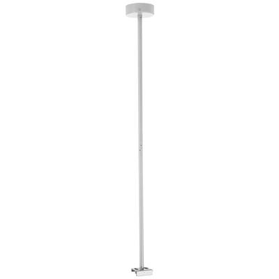 Tige télescopique en argent avec un socle rond en haut, probablement utilisée pour un ventilateur de plafond ou un luminaire.