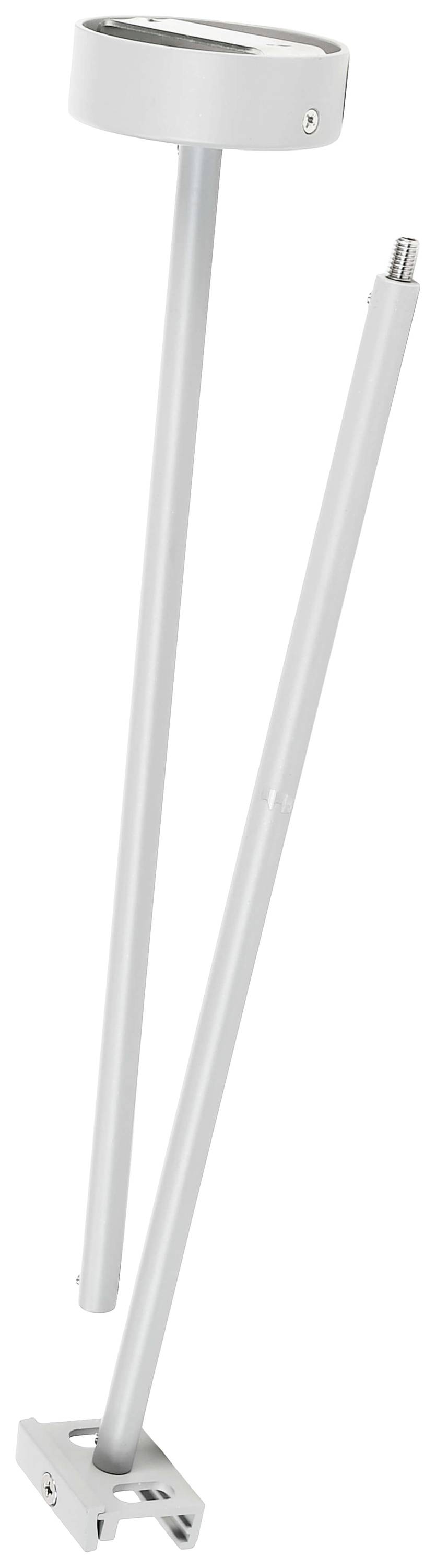 Deux tiges blanches, l'une avec un support rond à son extrémité supérieure et l'autre avec une articulation à sa base, probablement des composants d'un kit de montage.