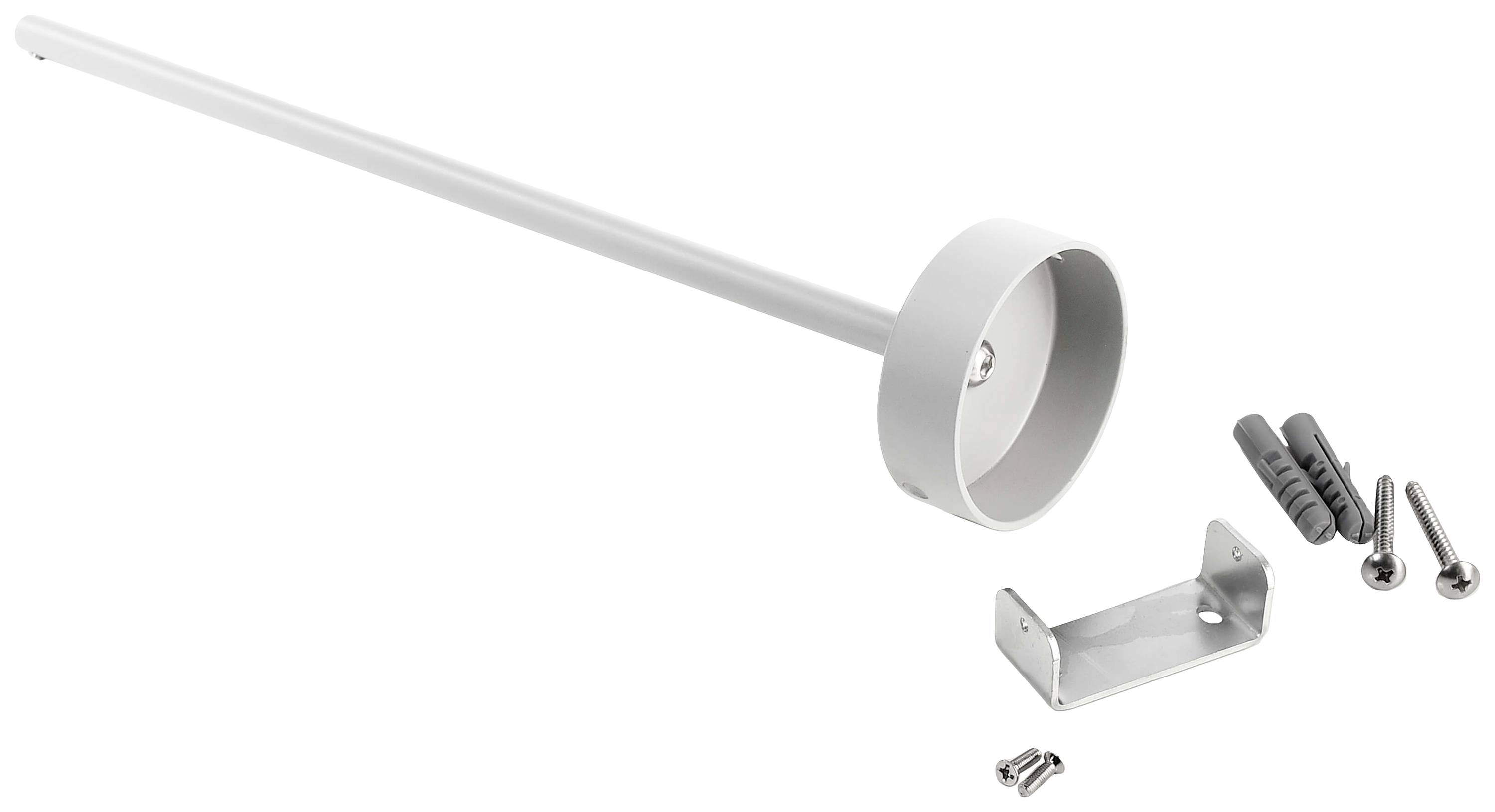 Bras pivotant en métal avec support circulaire, deux vis et chevilles, pour fixation murale, adapté aux enceintes ou appareils similaires.