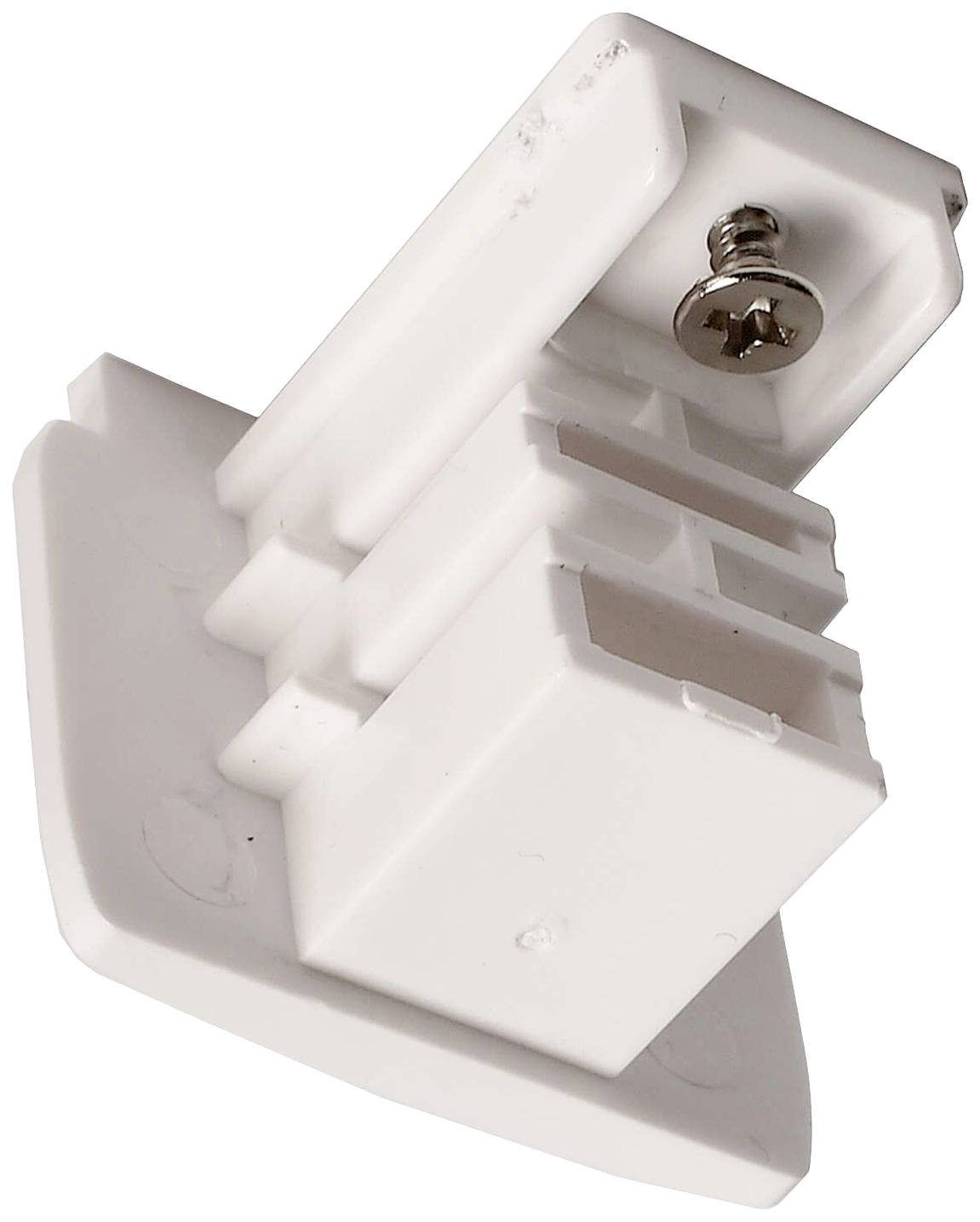 Pièce en plastique blanc avec vis de fixation, utilisée pour l'attache ou le support dans les designs de meubles ou d'armoires.