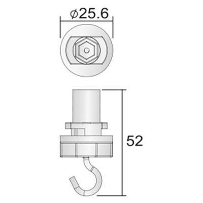 Dessin technique d'un crochet avec dimensions : diamètre de 25,6 mm en haut, hauteur de 52 mm en bas. Détails géométriques visibles.